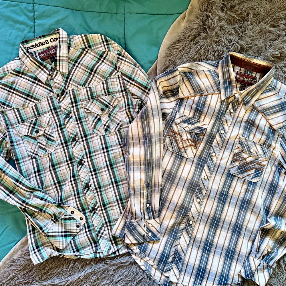Lot of 2 Rock & Roll Cowboy Mens Western Shirts Sz L Matte Pearl Buttons Work